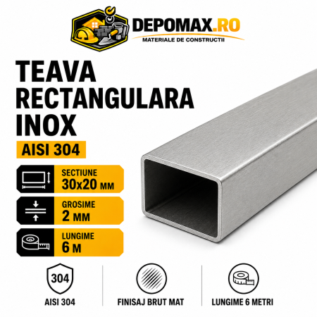 Teava rectangulara inox AISI 304, 30 x 20 x 2 mm, 6 metri